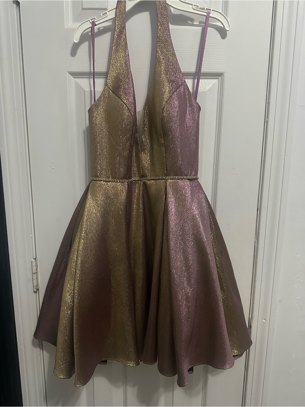 Girls' Shimmery Halter Party Dress in Gold-Pink with pockets